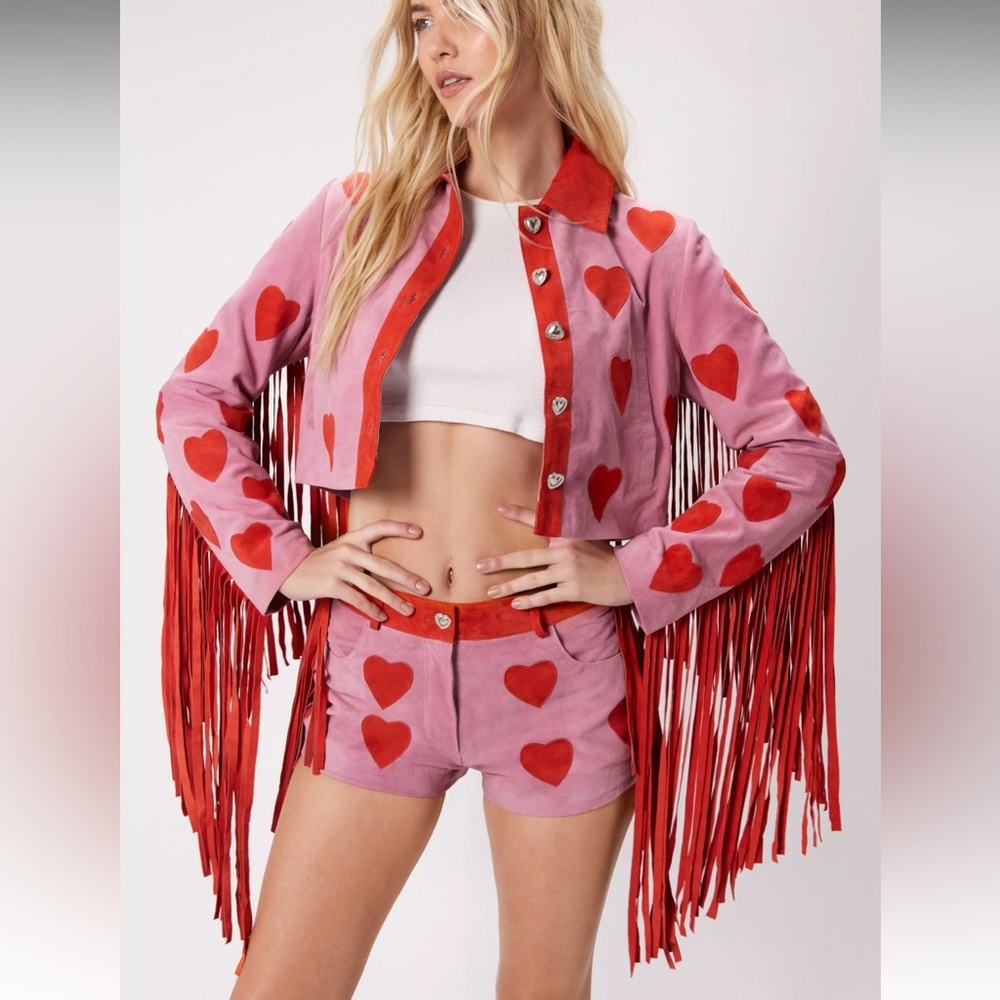 COPY - Real Suede Heart Fringe Jacket and Shorts Set